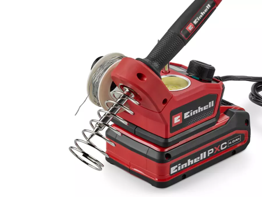 The Einhell cordless soldering iron TE-SI 18/480 Li E - Solo with integrated solder holder and rest bracket.