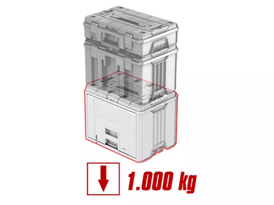 Several stacked Einhell E-Case FlipFront cases with a maximum load of 1,000 kg.