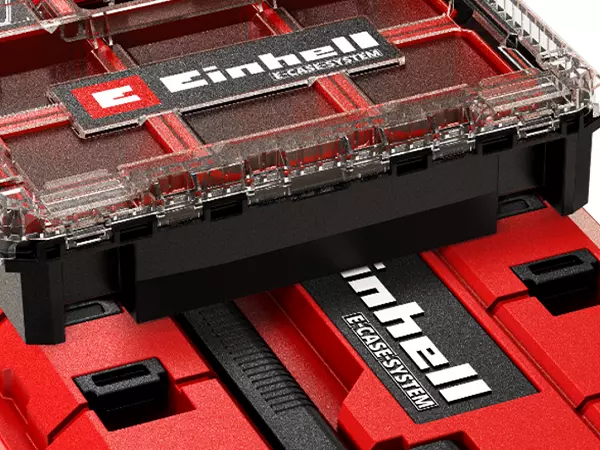 Top view of the E-Case drawer case with connected organiser box on the lid.