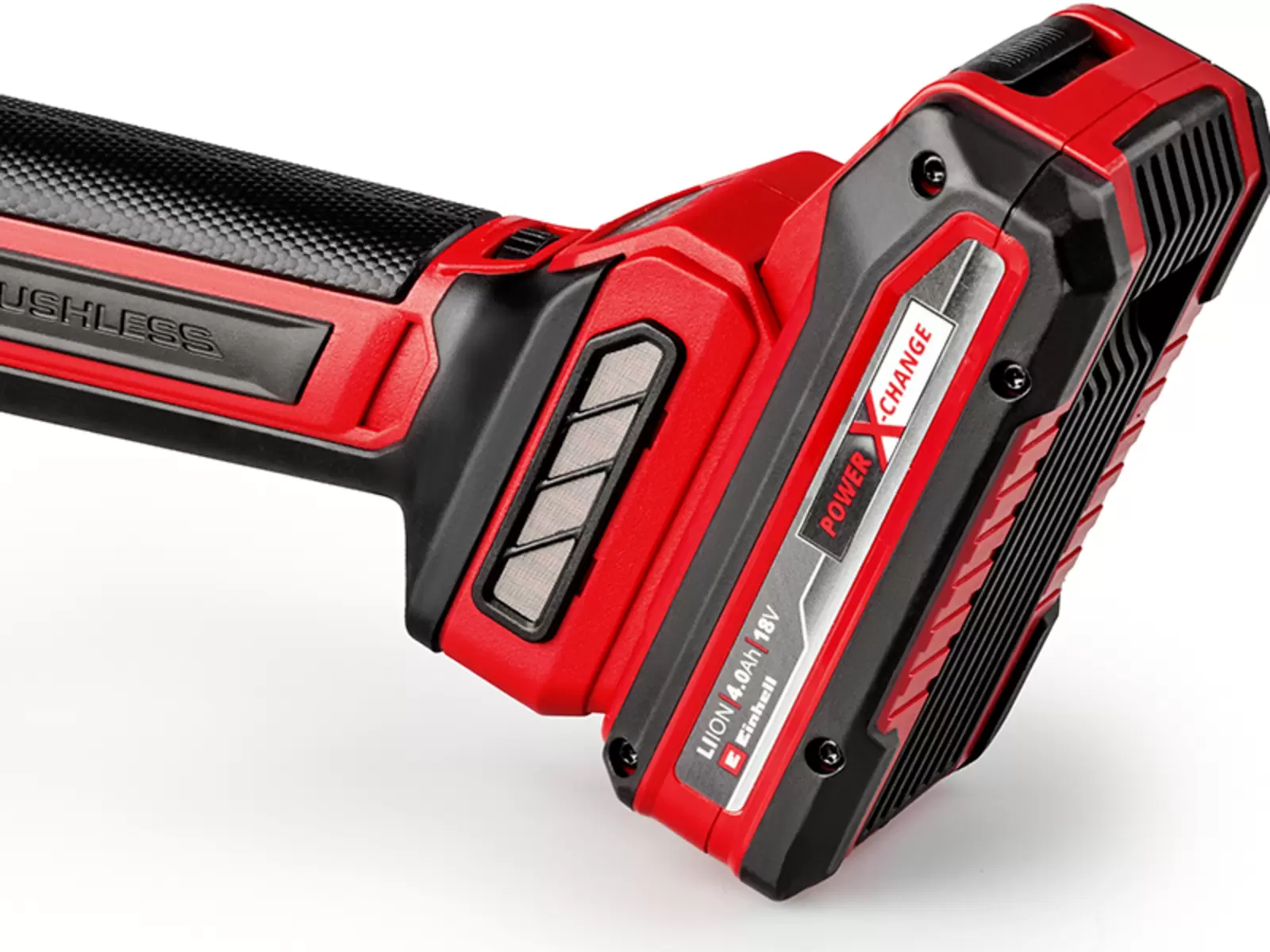 Close-up of the handle of the Einhell Cordless Angle Grinder TP-AG 18/125 CE +3 Set - Solo with integrated dust protection grille.