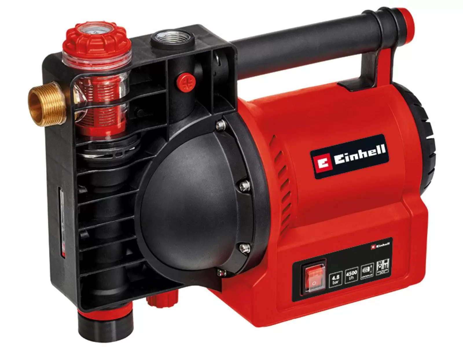 Die Einhell Gartenpumpe GE-GP 1145 auf weißem Hintergrund mit Tragegriff, Anschlussöffnungen und rotem Pumpengehäuse.