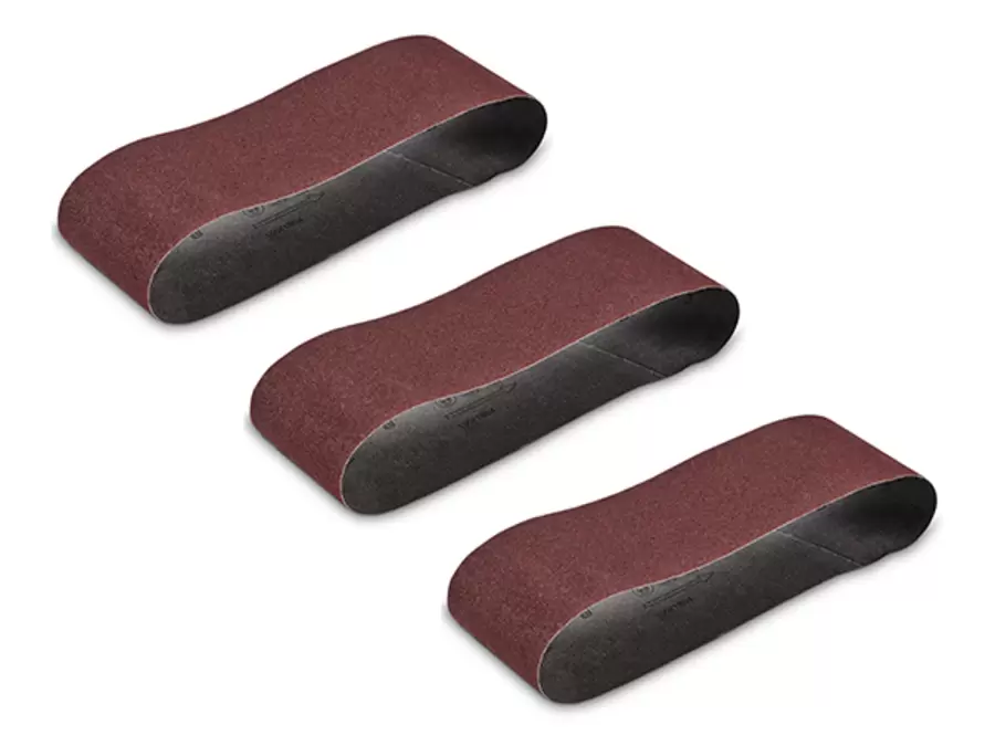Trois bandes abrasives marron P80 pour la ponceuse à bande Einhell TC-BS 800 sur fond blanc.