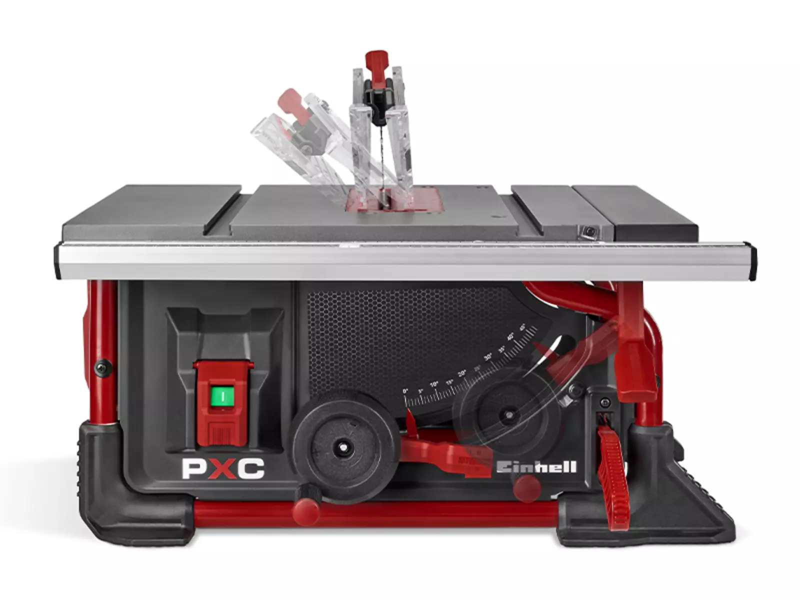 Die Einhell Akku-Tischkreissäge TE-TS 36/8 T Li-Solo mit verstellbarem Sägeblatt; Höhen- und Neigungsverstellung sind sichtbar.