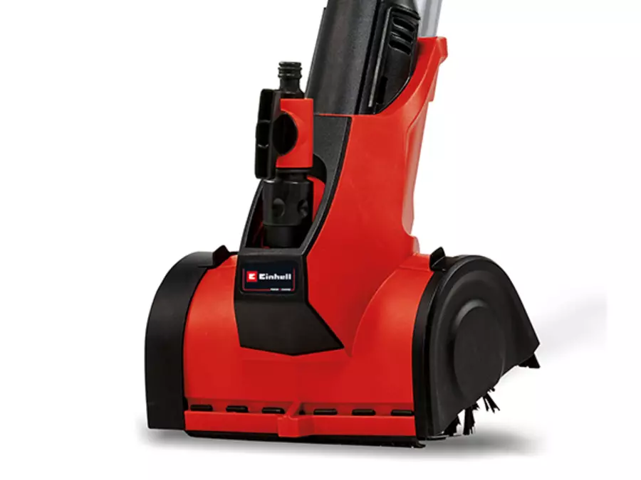 Focus on the garden hose connection and brush head of the Einhell cordless surface brush PICOBELLA 18/215 on a white background.