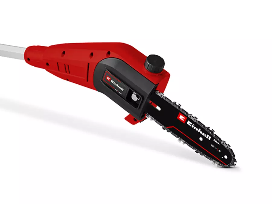 Hochentaster-Aufsatz des Einhell Akku-Multifunktionswerkzeugs GC-HC 18/4520 Li T-Solo mit Schwert und Sägekette; auf dem Schwert steht „Einhell 20cm / 8"“.