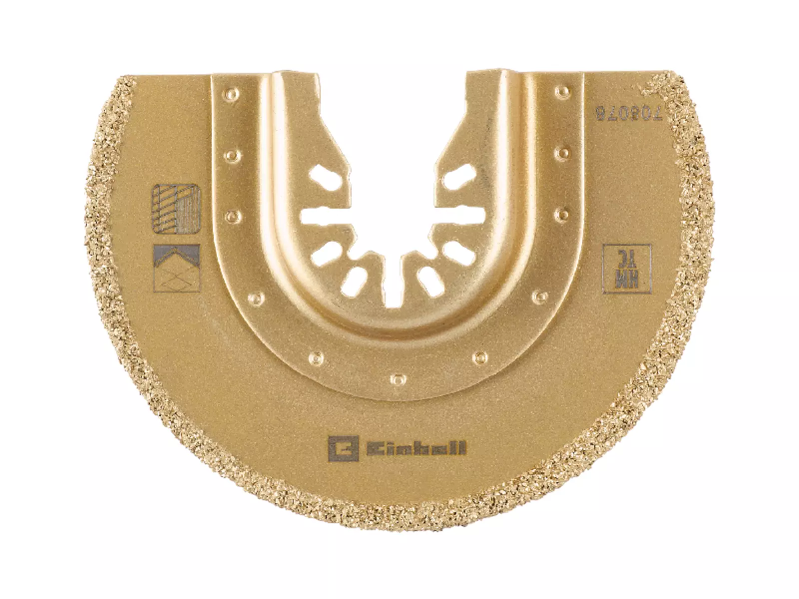 Half-round, gold-coloured multitool saw blade from Einhell with carbide coating and open-back mount.