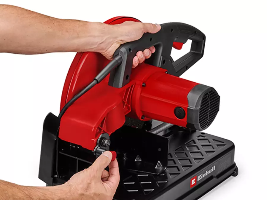 The Einhell metal cutting machine TC-MC 355, featuring a carrying handle and a transport lock for safety during transport.