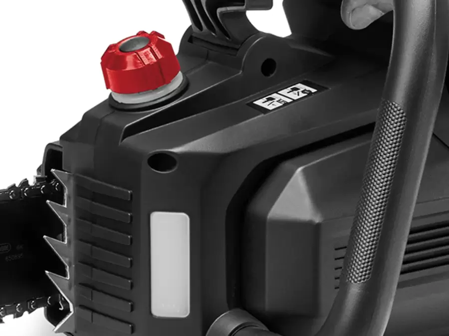 Einhell Professional 36V Brushless 400mm Chainsaw showing the oil tank opening.