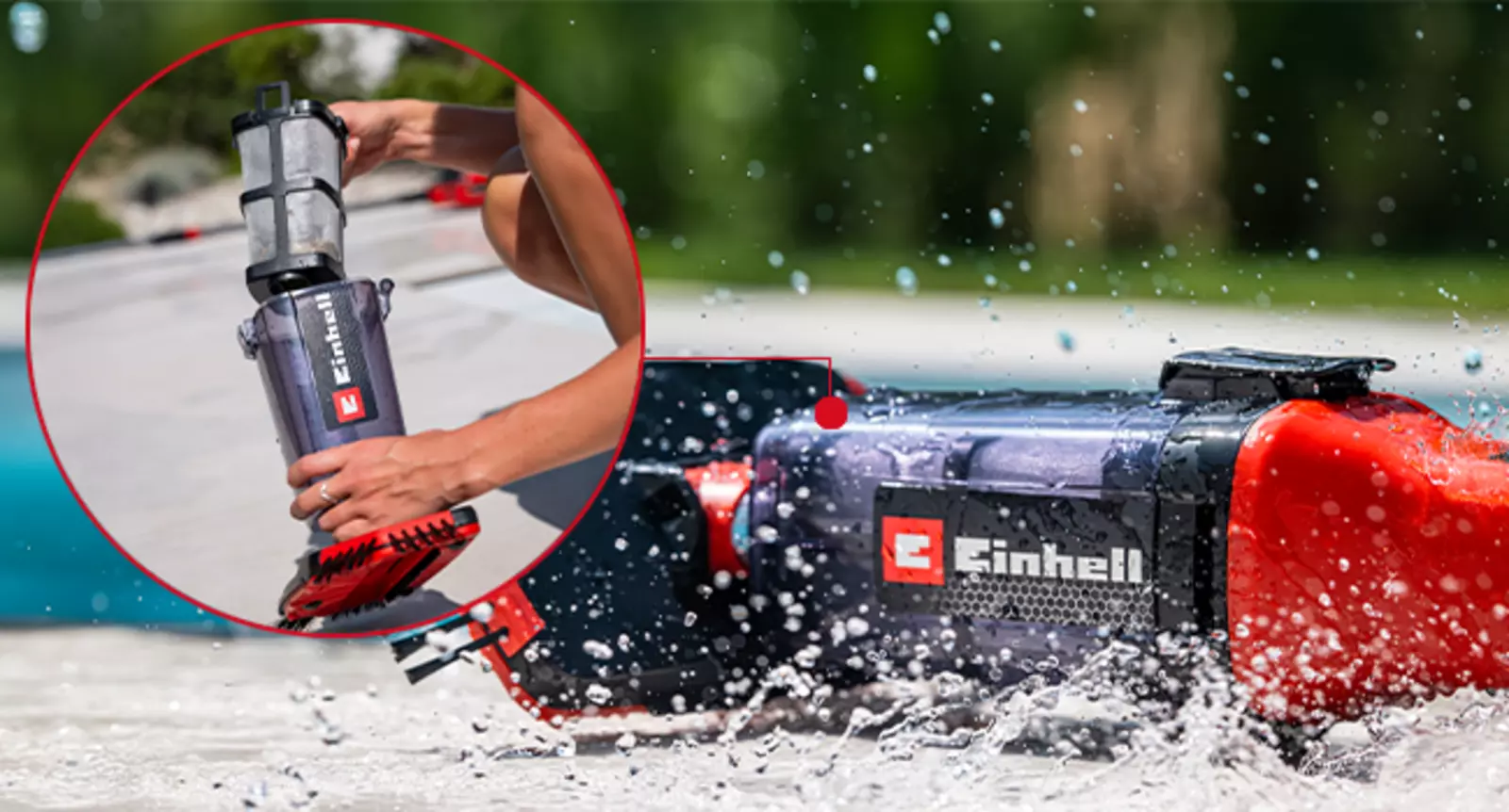 Der Einhell Akku-Poolsauger GE-PV 18/42 Li T-Solo im Einsatz im Wasser; im Kreis ist die entnehmbare Filterbox mit Filter zu sehen.