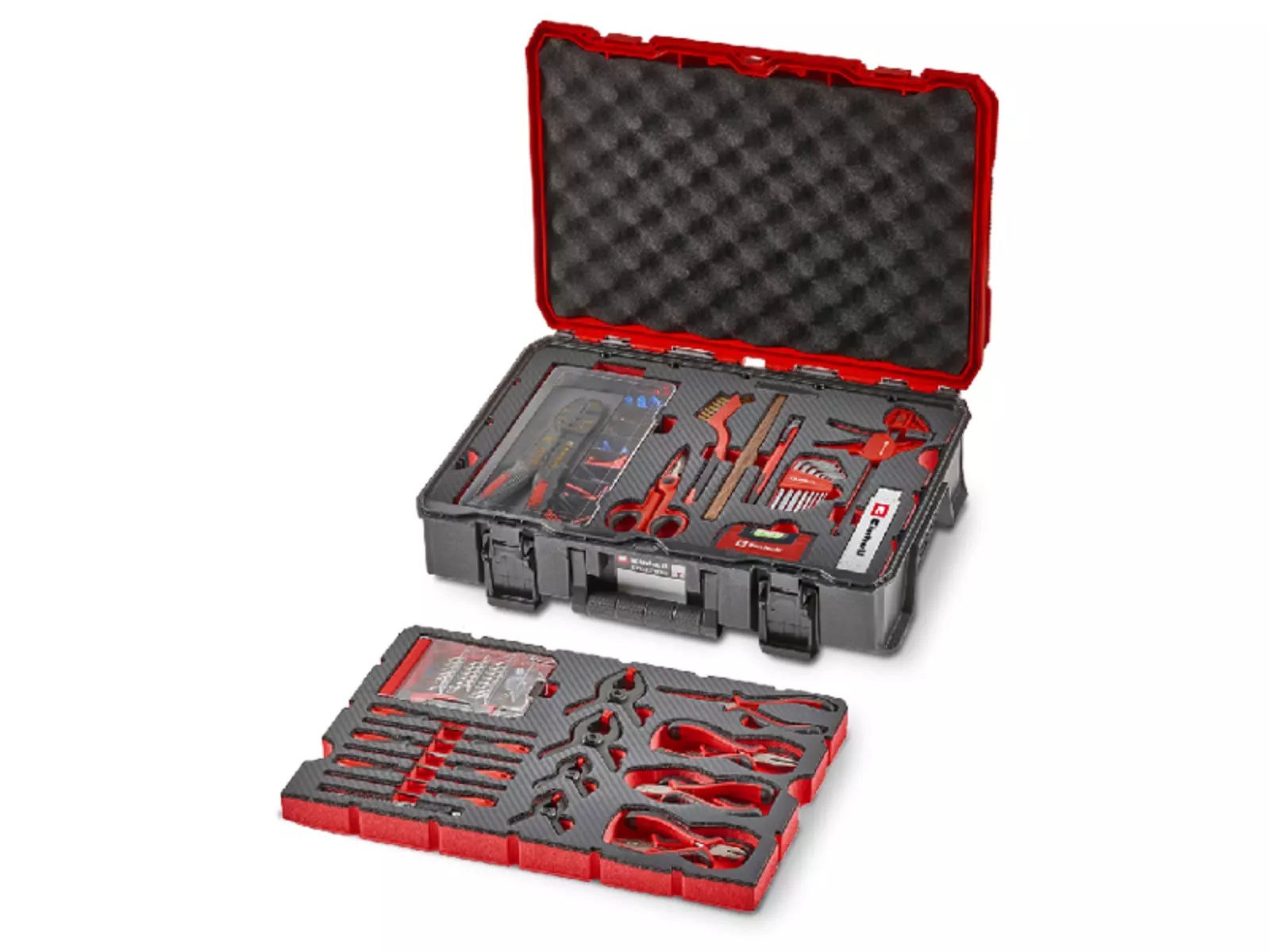 Open Einhell tool case for hobby use with removed insert. Visible: electronics pliers, bit sets, files, cable cutter and hammer.