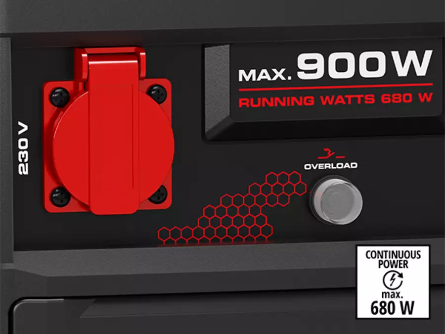 Close-up of the 230-volt socket and the label “MAX. 900 W / RUNNING WATTS 680 W” on the Einhell TC-PG 900 power generator.