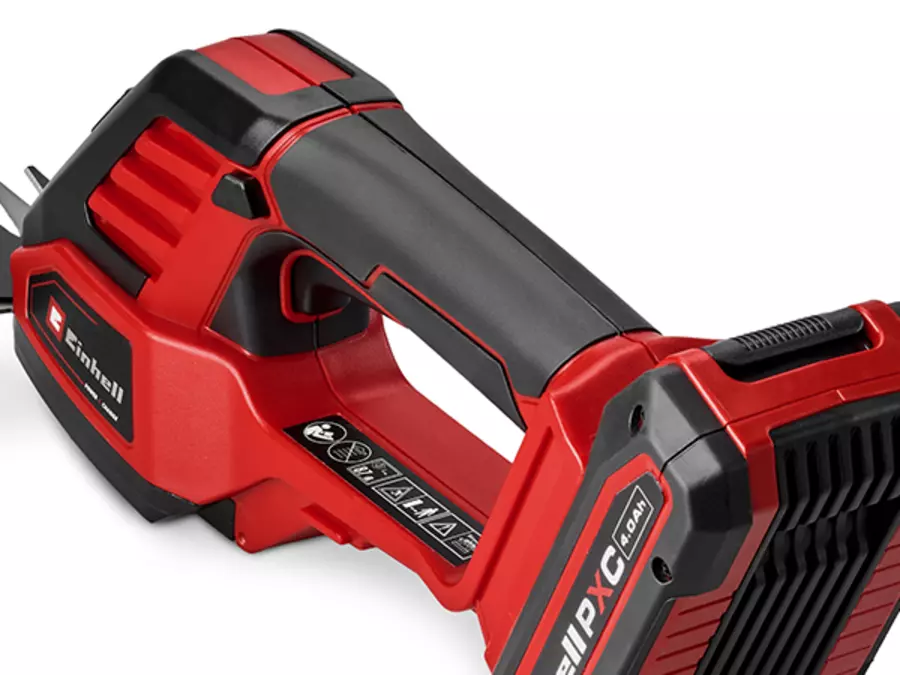 The handle of the Einhell cordless grass and shrub shear GE-CG 18/100 Li - 3 in 1 - Solo with black softgrip surface in close-up view.