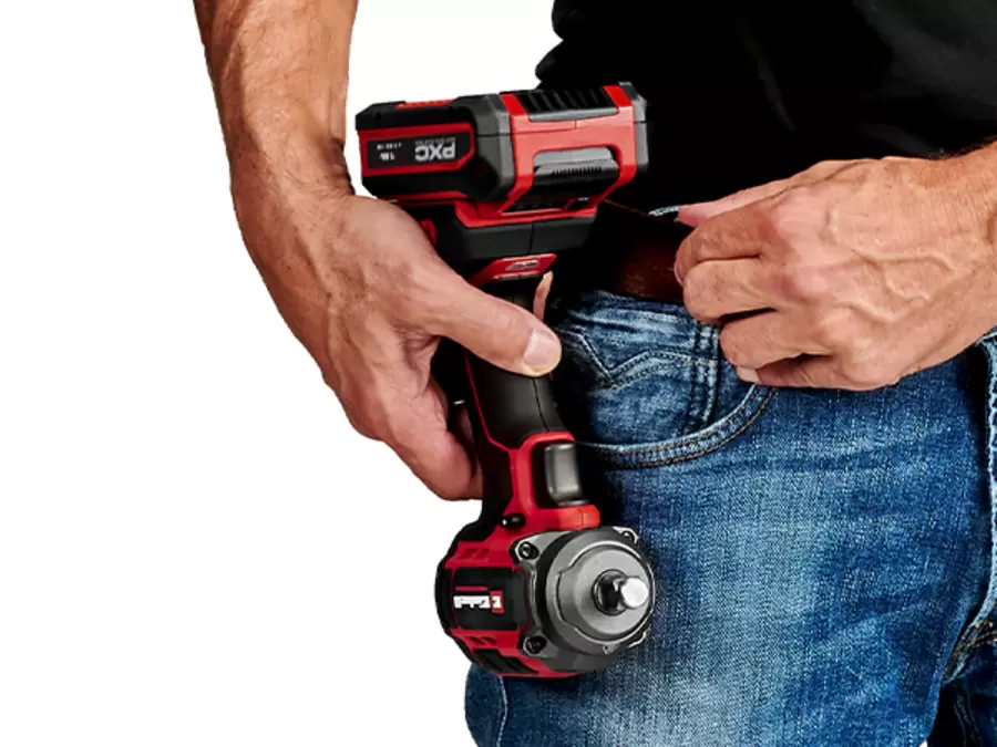The Einhell cordless impact wrench TP-CW 18/350-C Li BL - Solo is carried on a belt using the belt clip.