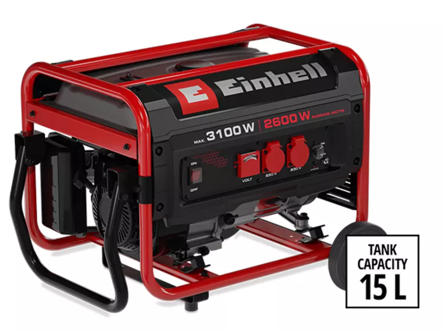 El generador Einhell TC-PG 3100 sobre fondo blanco con indicación “Tank 15 L”.