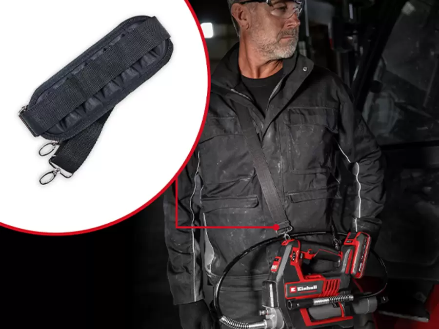 A man carries the Einhell cordless grease gun TP-GR 18/690 Li - Solo on a padded shoulder strap, which is shown enlarged in a circle.