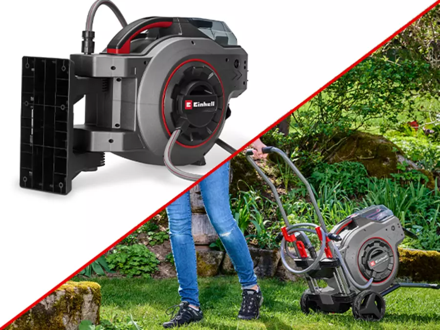 Two versions of the Einhell cordless hose reel GE-HR 18/30-1 WH Li-Solo: wall-mounted on the left and mobile use with transport trolley on the right.