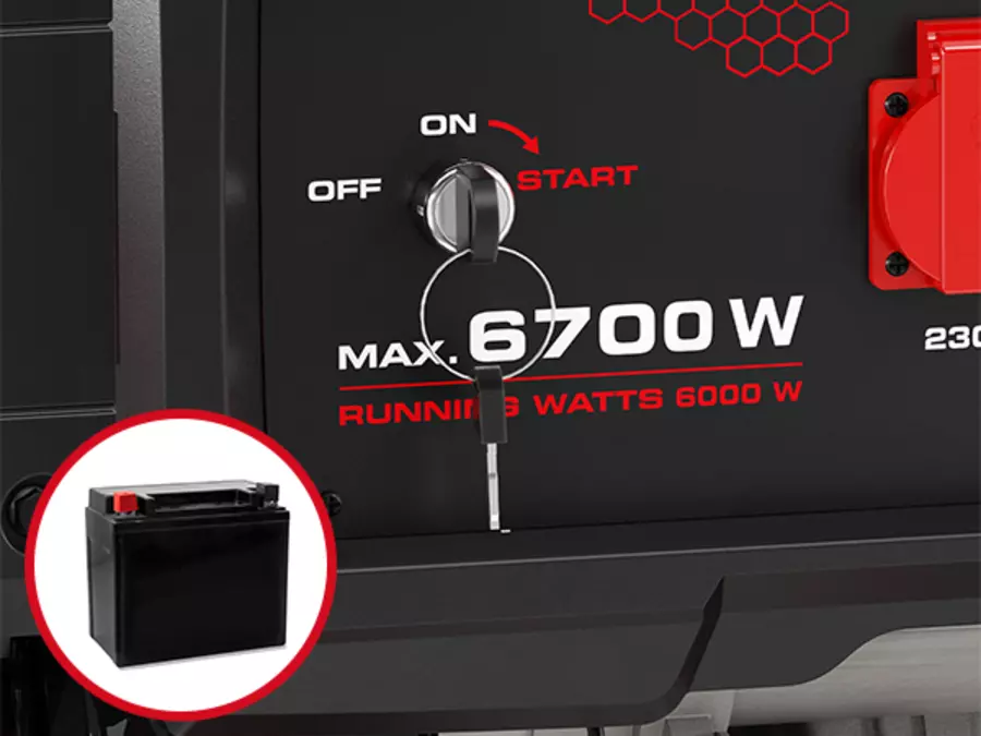 Close-up of the ignition switch on the Einhell TC-PG 6700 generator with starter battery, shown in use.