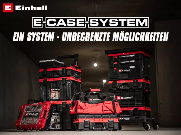 Mehrere stapelbare Werkzeugkoffer und Taschen des Einhell E-Case Systems in Schwarz-Rot in einem dunklen Raum. Darüber steht: „Ein System – unbegrenzte Möglichkeiten“.