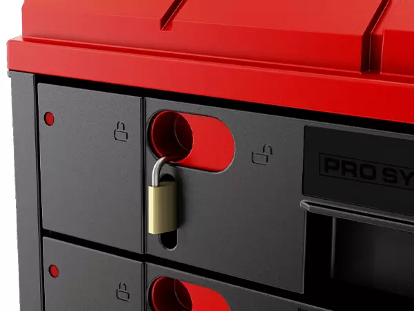 Close-up view of the drawer locking mechanism on the Einhell Pro System Drawer.