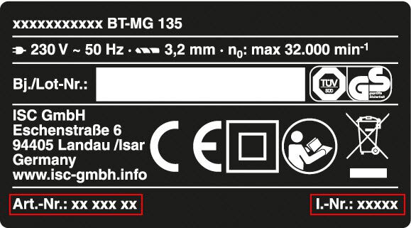 Type plate showing technical specifications and product details including the 7-digit article number (Art.-Nr.) and 5-digit identification number (I.-Nr.), usually found near the motor or drive unit of the product.