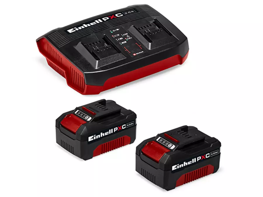 Two 4.0 Ah Power X-Change batteries and a twin charger for the Einhell cordless lawn mower GC-CM 36/46 S Li BL.