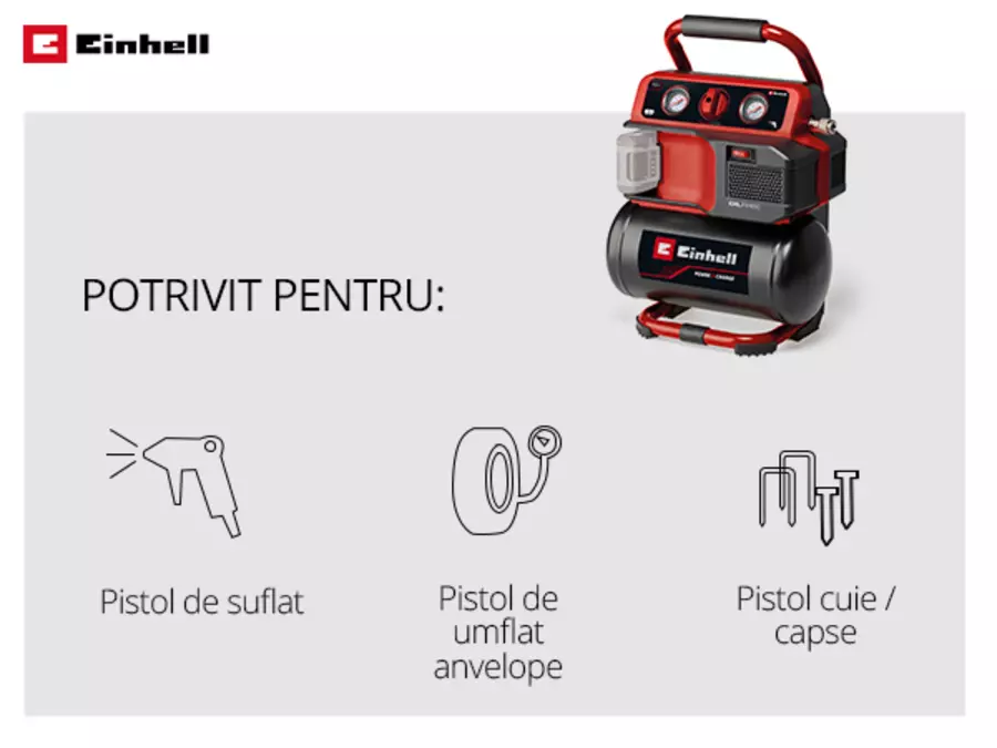 Prezentarea compresorului cu acumulator Einhell TE-AC 18/75 Li OF cu mențiunea că este potrivit pentru pistoale de suflat, umflătoare de anvelope și capsatoare/pistoale de bătut cuie.