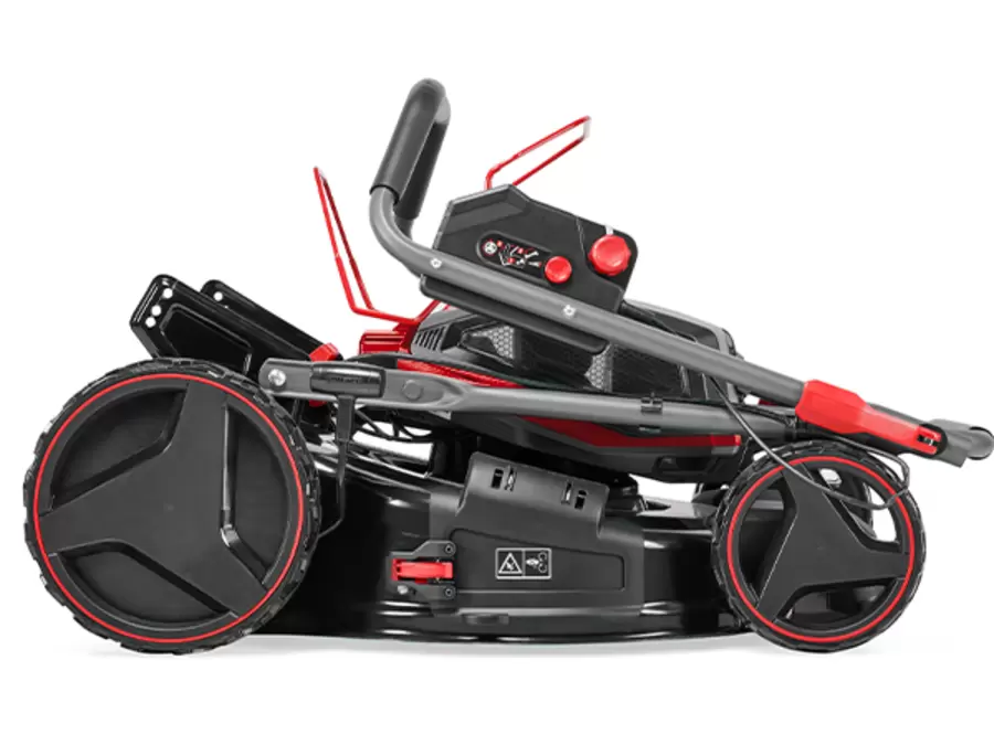 The Einhell Professional 36V 470mm Self-Propelled Steel Deck Lawn Mower Kit folded from the side for space-saving storage.