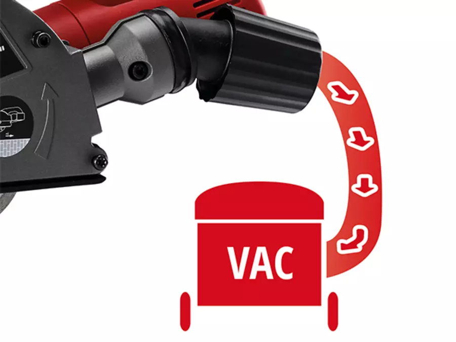 Staubabsauganschluss der Einhell Mauernutfräse TC-MA 1300 mit Symbol für externe Absaugung.