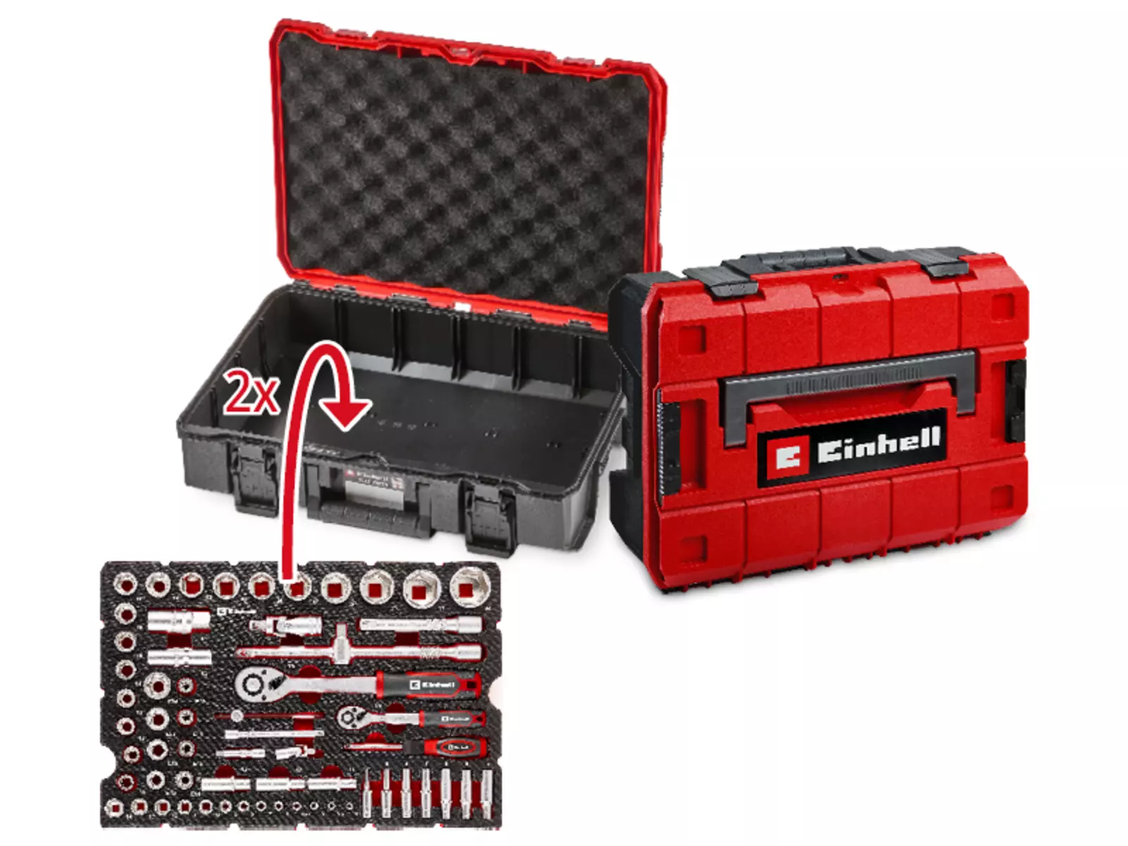 Einhell E-Case S-F shown open and closed; next to it, one carbon-look EVA tool insert with note indicating space for two inserts.