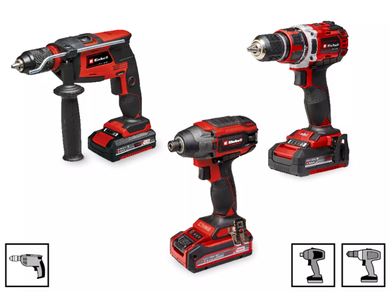 Three red and black cordless power tools from Einhell: hammer drill, impact driver, and cordless drill – each with a matching pictogram.