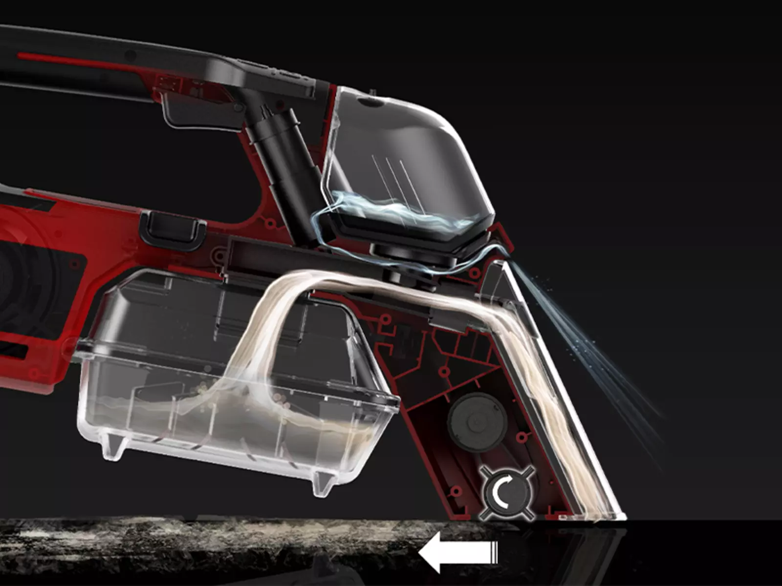 Cross-section of the Einhell cordless spot cleaner TE-SCL 18/200 Li-Solo, demonstrating the 3-in-1 functions spraying, brushing and absorbing.