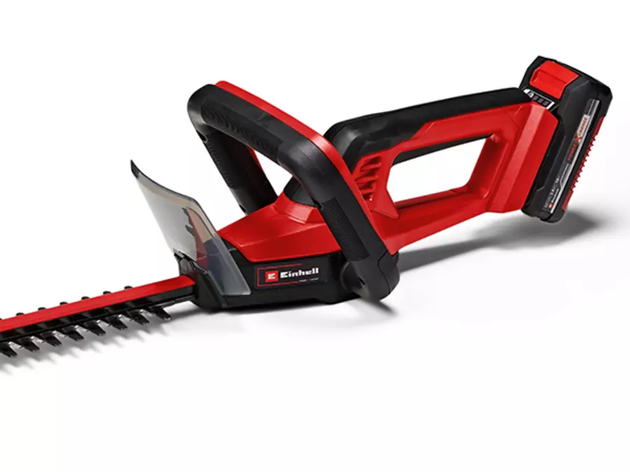 The Einhell cordless hedge trimmer GC-CH 18/40 Li Kit shown from the side on a white background.