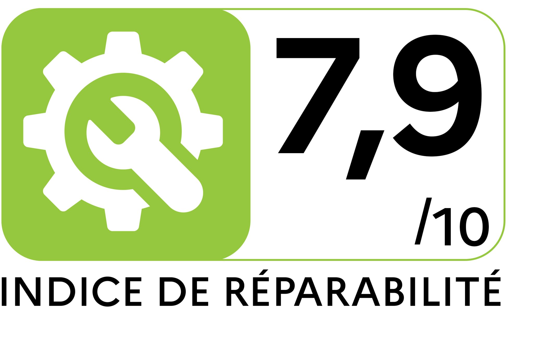 Repairability index logo with a white gear and wrench on a green background, next to a score on a scale from 1 to 10. The repairability index amounts 7,9.