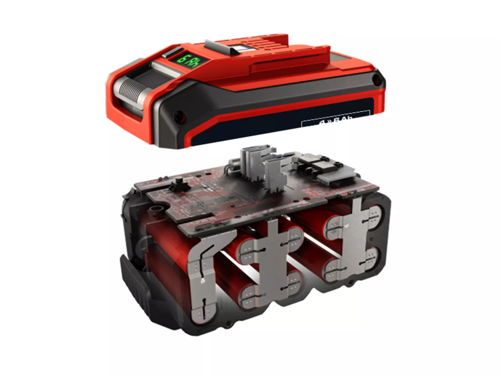Ein Einhell Power X-Change Plus Akku ist vollständig sichtbar, dahinter in Graustufen ein größerer Akku – als Vergleich zur kompakteren Bauweise des Plus-Modells.
