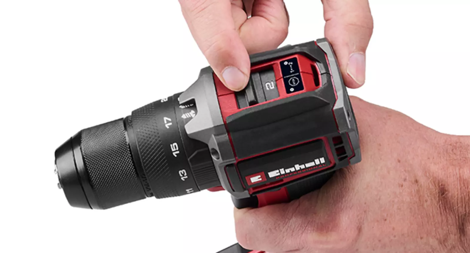 Two hands change the speed setting via a switch on the Einhell Professional cordless impact drill TP-CD 18/50-C Li-i BL.