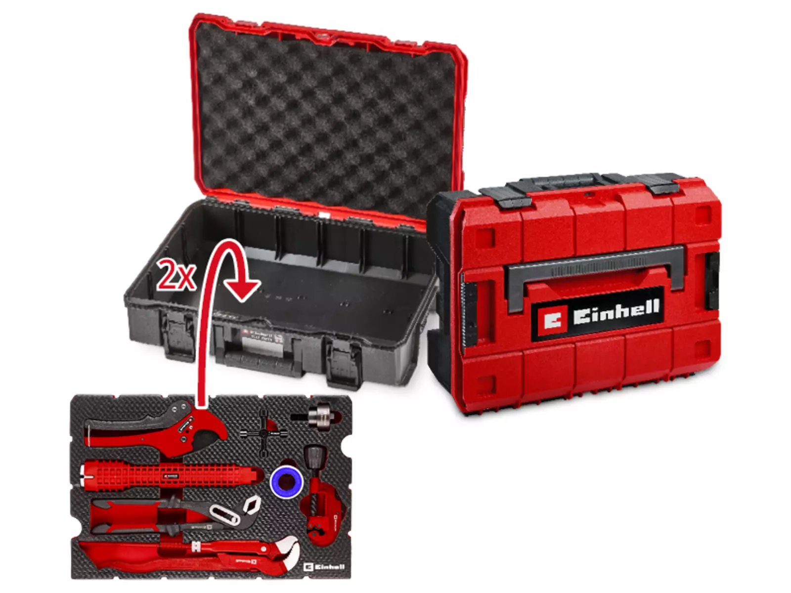 Einhell E-Case S-F shown open and closed; next to it, one carbon-look EVA tool insert with note indicating space for two inserts.