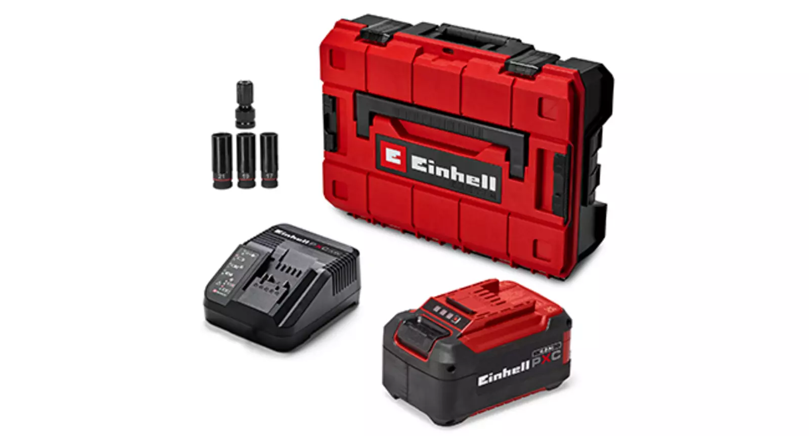 The Einhell cordless impact wrench TP-CW 18/750-C Li BL Kit with 5.2 Ah PXC battery, charger, E-Case S-F and 3-piece socket set on a white background.