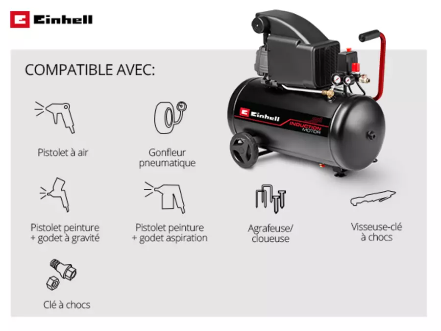 Le compresseur Einhell TC-AC 270/50/10 avec accessoires illustrés, adapté aux pistolets de soufflage, gonfleurs de pneus, pistolets à peinture, agrafeuses, clés à cliquet et clés à chocs.