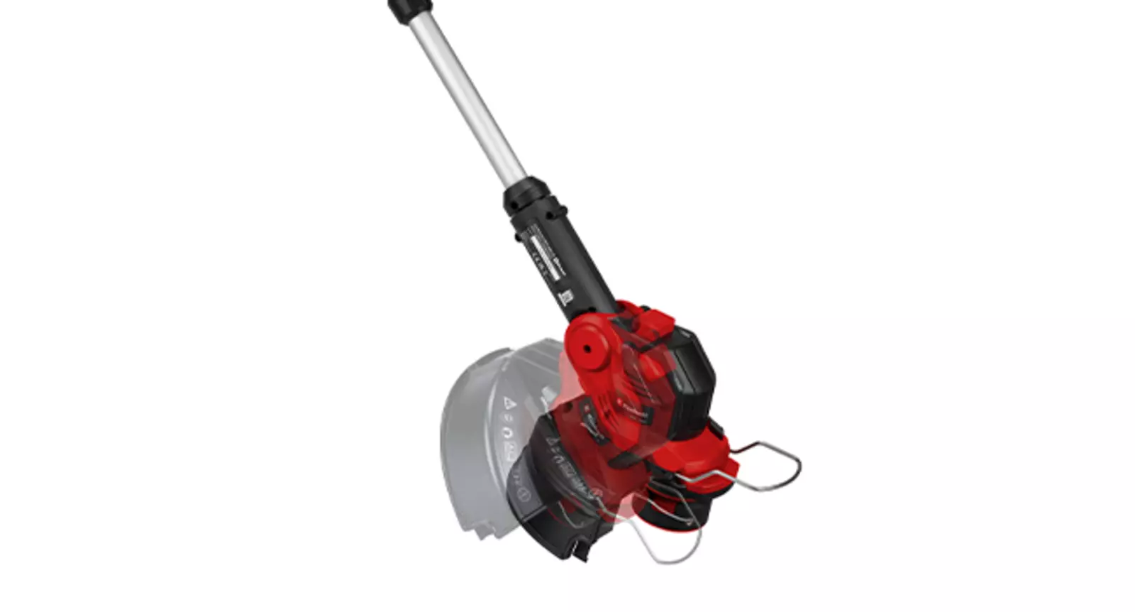 El cabezal del motor de la bordeadora a batería Einhell GE-CT 18/28 Li TC-Solo está inclinado; la posición inicial representada en gris muestra claramente la diferencia en el ángulo de inclinación.