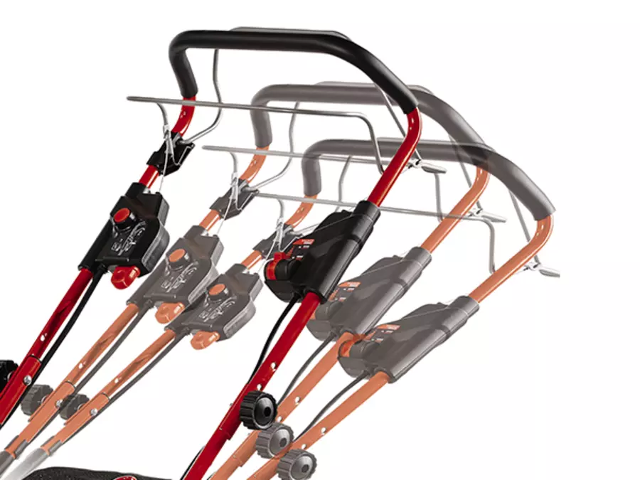 El manillar ajustable del cortacésped inalámbrico Einhell GP-CM 36/47 S HW Li mostrado en varios ángulos de inclinación.