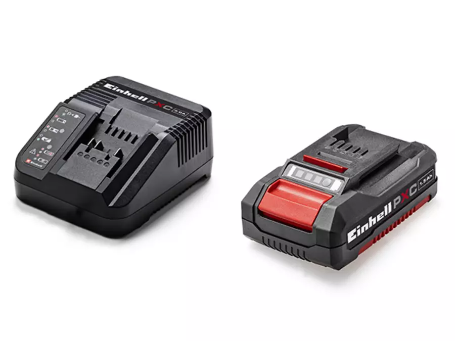 A 1.5 Ah Power X-Change battery and charger on a white background.