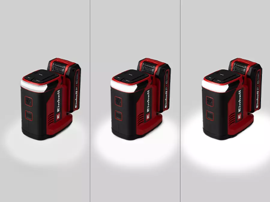 Drei Ansichten der Einhell Akku-Energiestation TC-ES 18/150/1 Li-Solo mit eingeschaltetem dimmbarem LED-Licht.