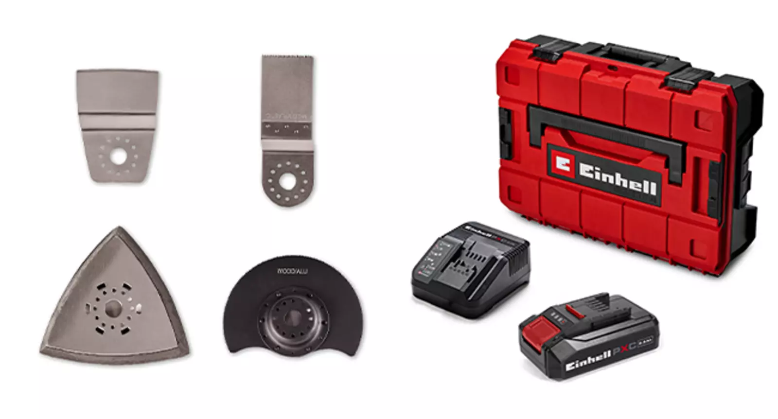 Accessories for the Einhell cordless multifunctional tool TE-MG 18 Li Kit: Attachments, charger, battery and transport case.