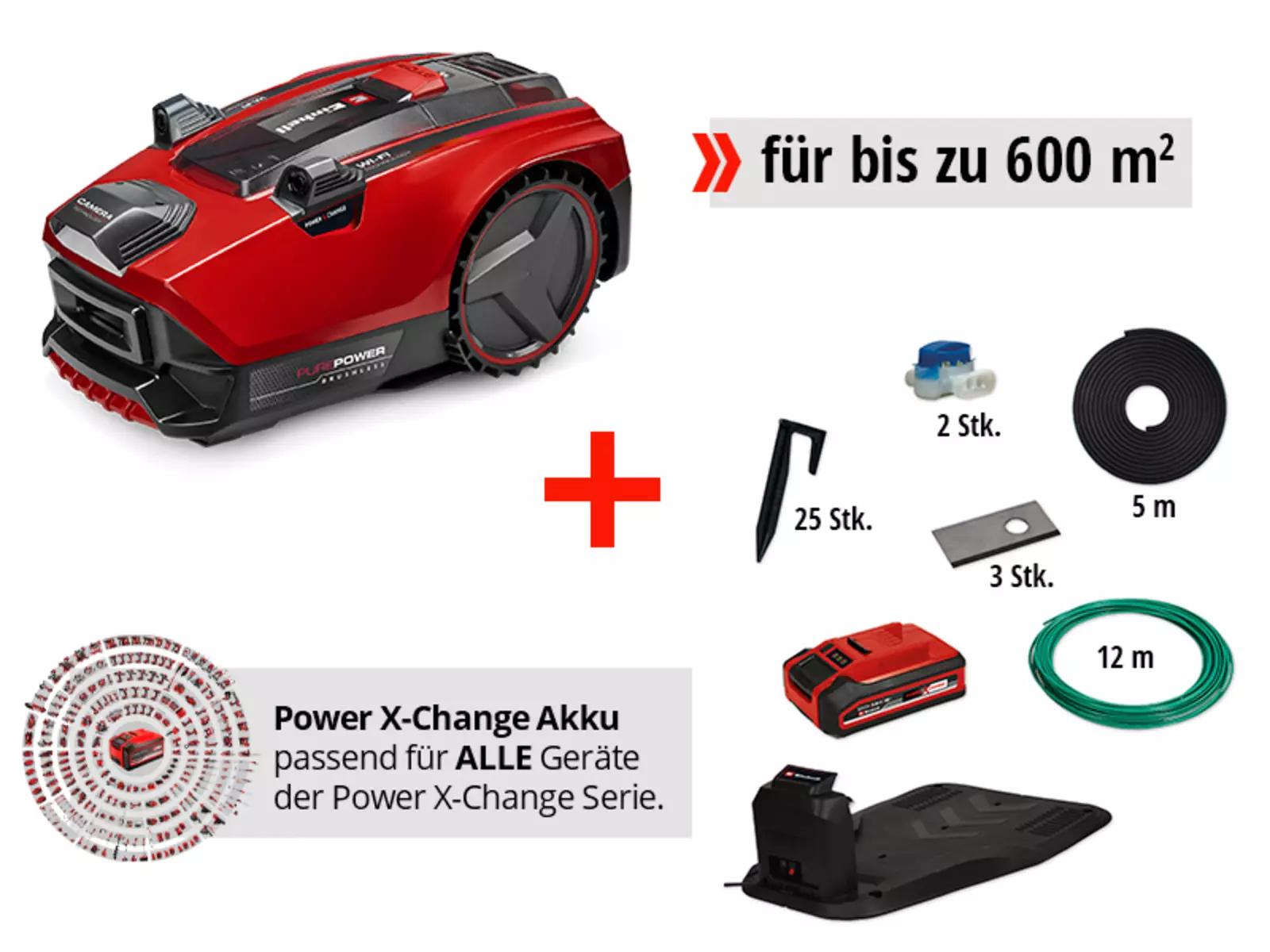 Einhell Mähroboter FREELEXO CAM PLUS 600 mit Zubehör: Power X-Change Akku, Ladestation, 25 Haken, 12 m Begrenzungsdraht, 5 m Magnetband, 2 Verbinder und 3 Ersatzmesser; geeignet für Rasenflächen bis 600 m².