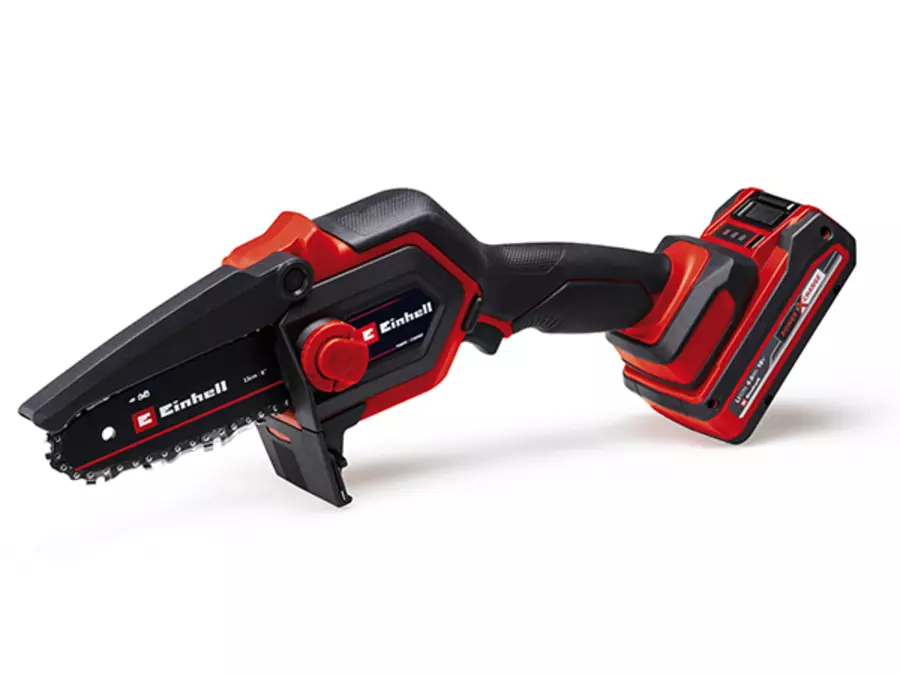 Vue latérale de l’élagueuse sans fil Einhell GE-PS 18/15 Li BL sur fond blanc.