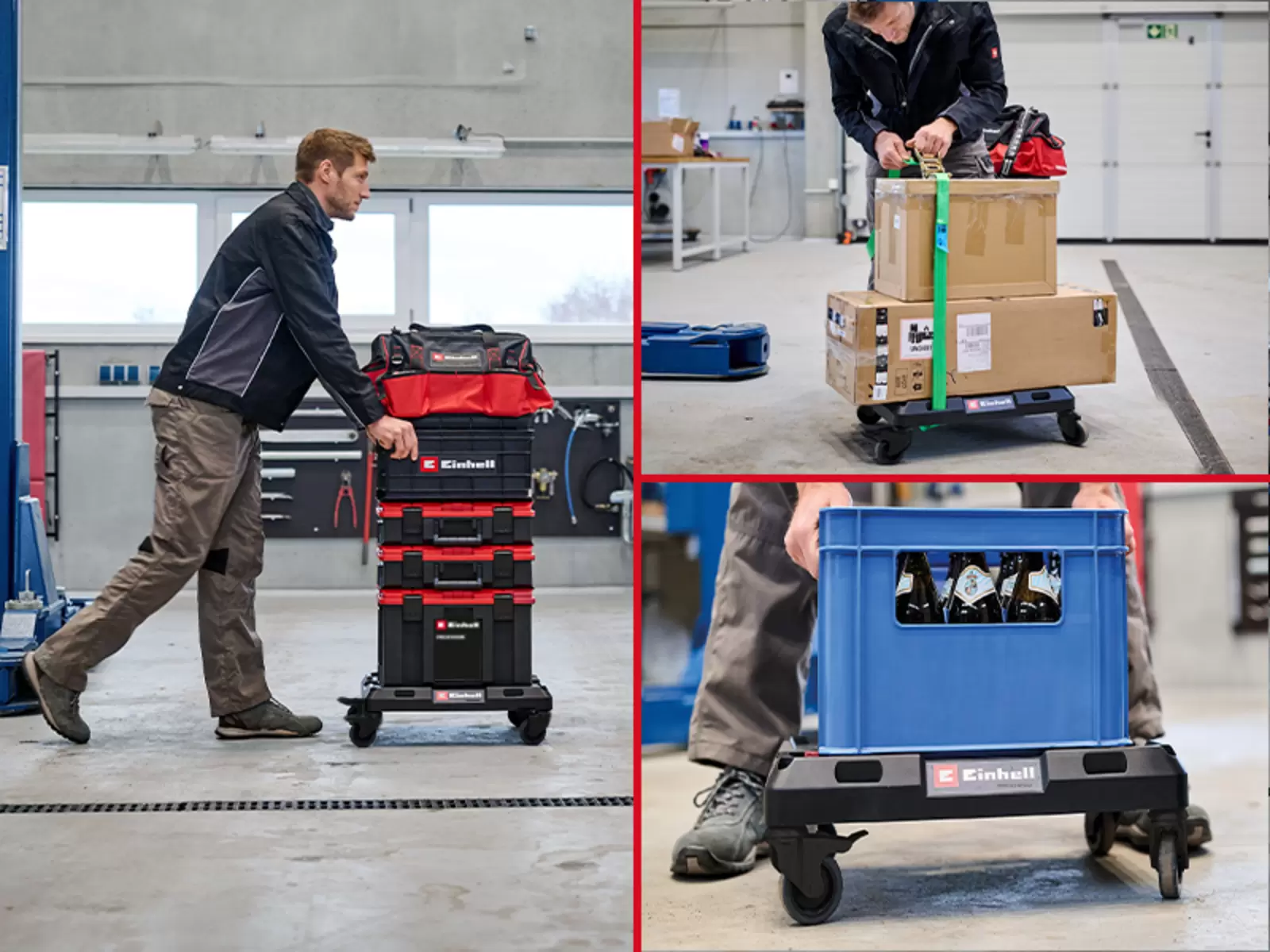 Einhell Pro System Dolly in use, moving tool cases, boxes and beverage crates within a workshop environment.