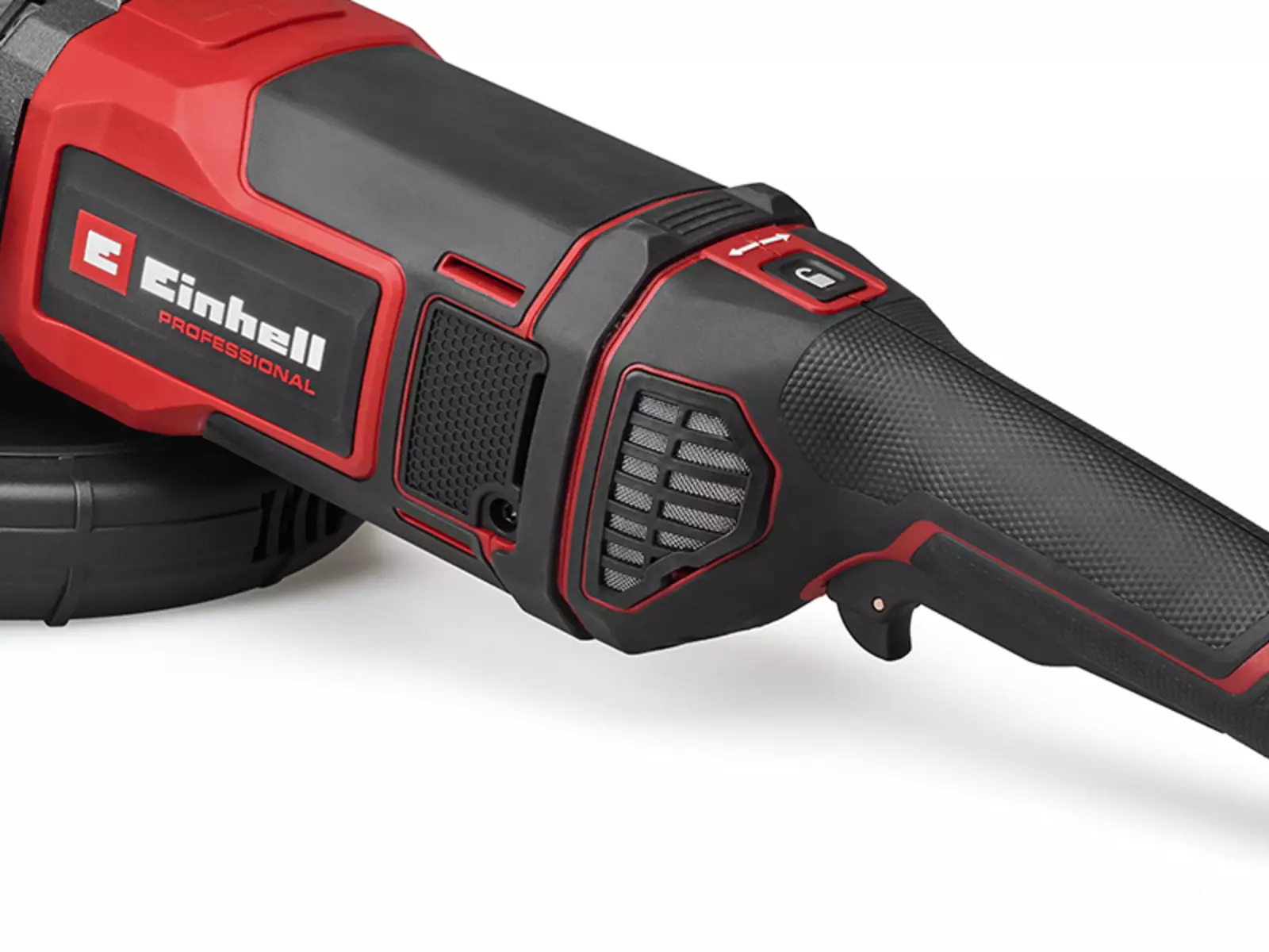 Close-up da grelha de proteção contra poeira na rebarbadora Einhell Professional TP-AG 230/2400 sobre fundo branco.