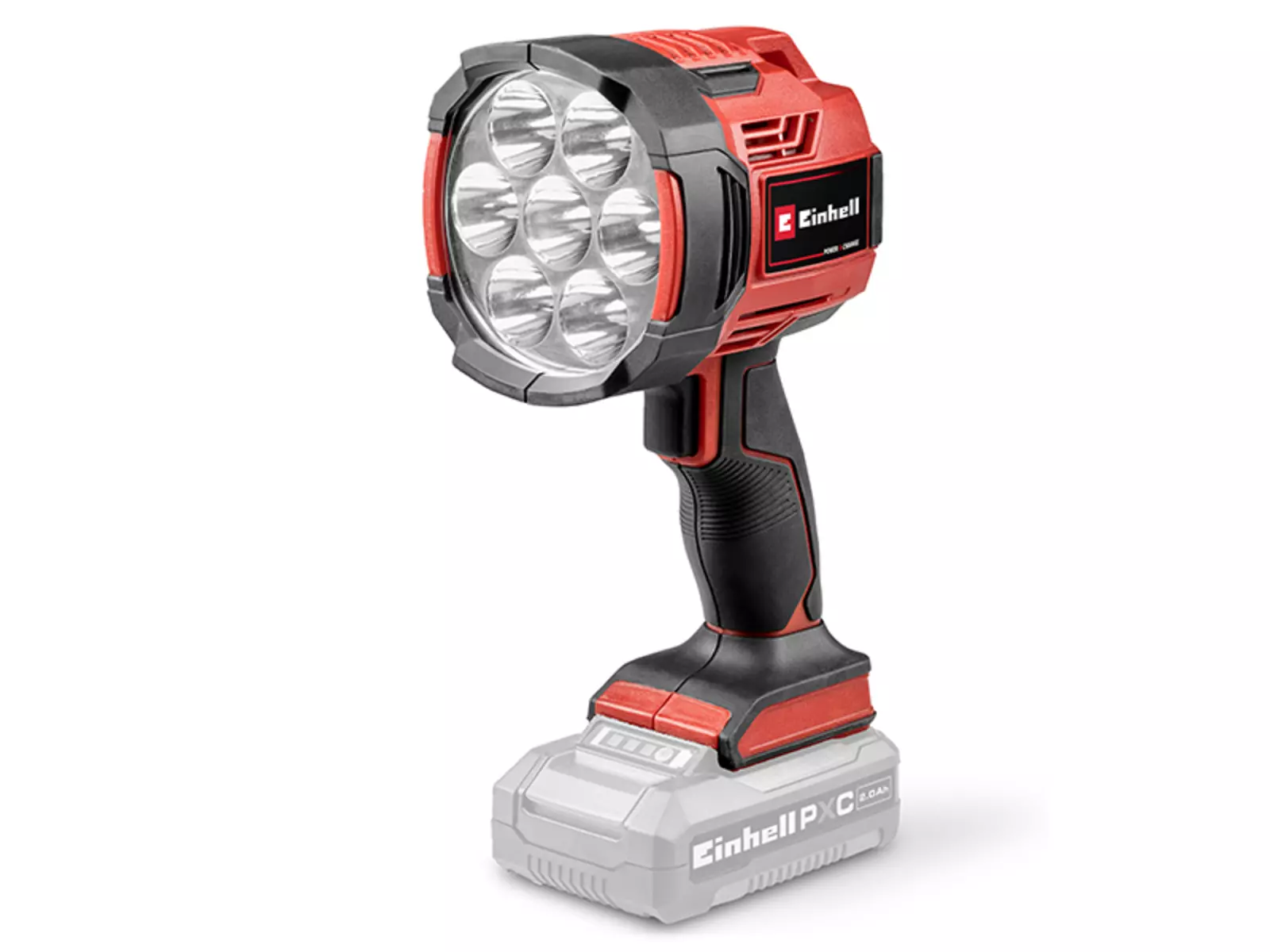The Einhell cordless lamp TE-CL 18/2500 Li – Solo with inserted, greyed-out battery – the battery is not included in the scope of delivery.