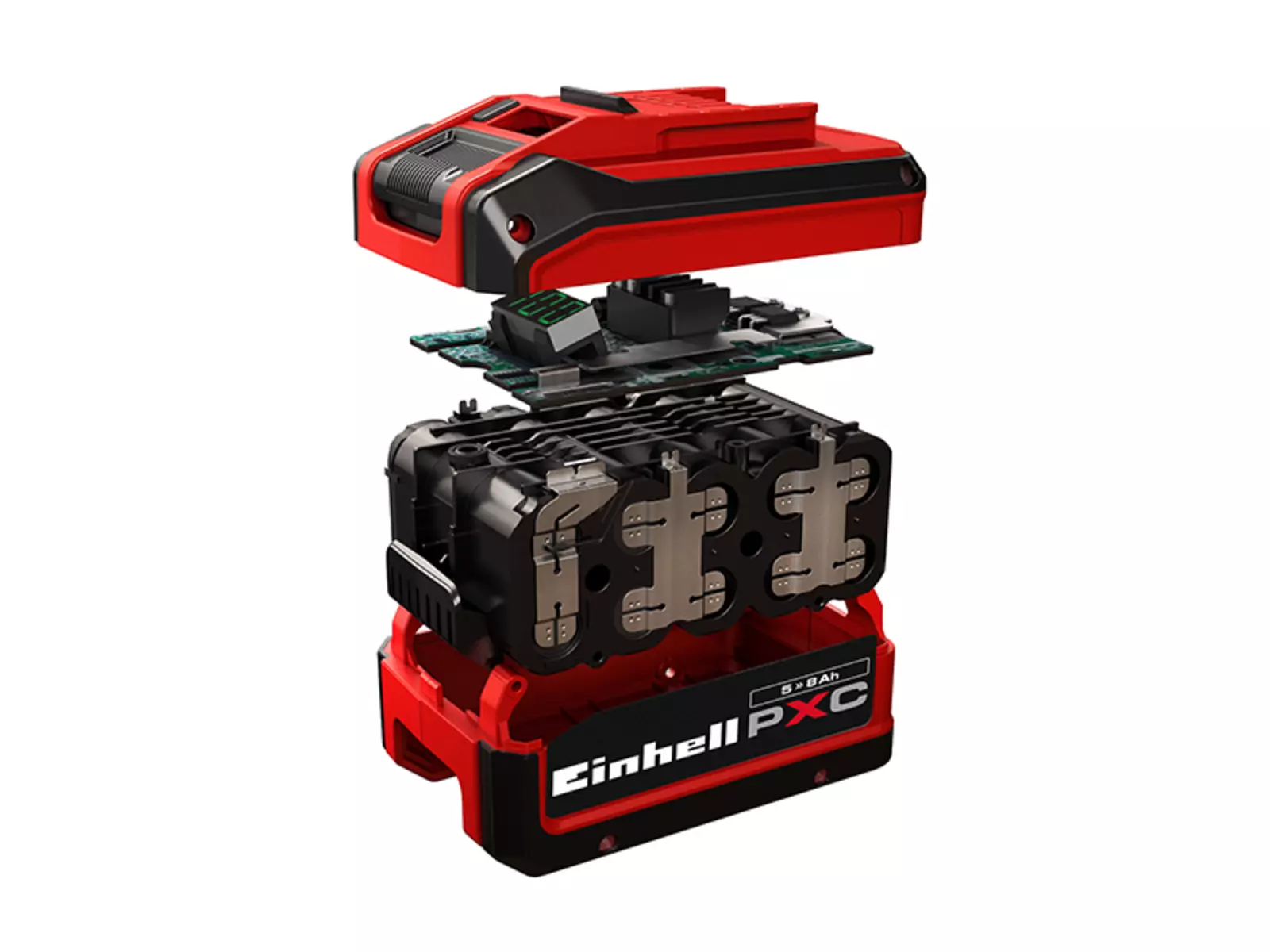 Ein Einhell Power X-Change Plus Akku ist vollständig sichtbar, dahinter in Graustufen ein größerer Akku – als Vergleich zur kompakteren Bauweise des Plus-Modells.